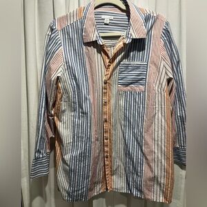 J. Jill Blue and Orange Striped Women's Shirt Button Down Cotton Oversized VTG